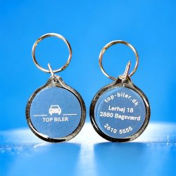 Acryln�glering Rund med diameter 35 mm med eget logo og tekst p� begge sider